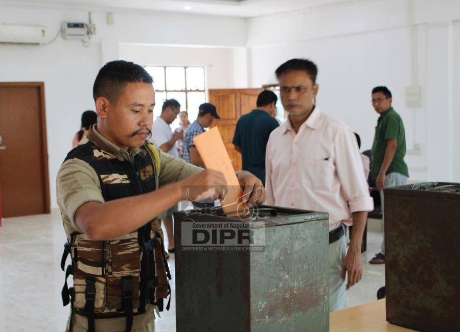 A police personnel casting his postal ballots for the ULB polls at the Commissioner of Taxes office, Dimapur on June 24. (DIPR Photo)